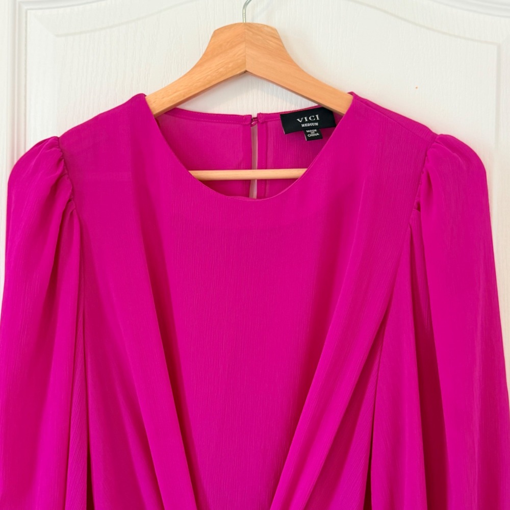 VICI Magenta Tie Front Balloon Sleeve Blouse AT1877 Medium Barbiecore Boho Pink - Picture 5 of 10